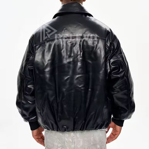 High Quality Custom Black Genuine <b>Leather</b> Bomber <b>Jacket</b> with Stand Collar Embroidery Patches for <b>Men</b> - Product Image 4