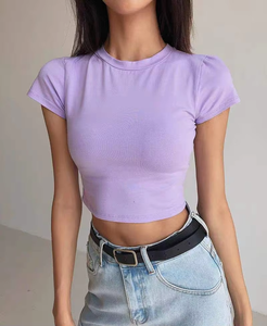 T-shirt d'été respirant pour femme, gris, à manches courtes, en tricot de coton et élasthanne, col rond, coupe classique, couleur unie, style streetwear - Product Image 3