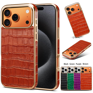 Funda para Teléfono <span class=keywords><strong>de</strong></span> Cuero Genuino con Textura <span class=keywords><strong>de</strong></span> Cocodrilo, Electrochapada, Compatible con Carga Inalámbrica, para <span class=keywords><strong>Apple</strong></span> Serie 18/17/16/15/14/13/12 - Product Image 1