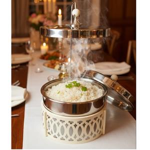 ถาดอุ่นอาหารสแตนเลสสีเงินคุณภาพสูง ทนทาน ไม่ติดกระทะ พร้อมขาตั้งตกแต่งหรูหรา สำหรับงานเลี้ยงบุฟเฟ่ต์ งานแต่งงาน โรงแรม และบริการจัดเลี้ยง - Product Image 5