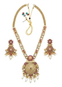 Conjunto de Collar y Pendientes de Aleación Chapada en Oro con Diseño de Flor, Circonita y Perla, Joyería Étnica Vintage Polki para Bodas, para Mujer - Product Image 4