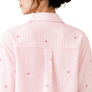 Camisa de Mujer a Rayas Rosa y Blanca con Botones, Blusa de Algodón de Manga Larga con Bordado de Corazón, Ajuste Holgado, Estilo Casual, Top Oversize - Product Image 6