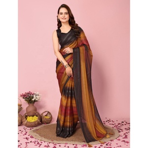 Sari indien moderne et élégant prêt à porter, en soie Zari fantaisie non cousu, pour fêtes et festivals, avec blouse, importé, métallique indien - Product Image 1