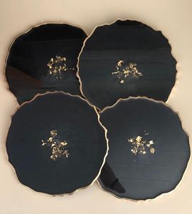 <b>Black</b> <b>Epoxy</b> <b>Resin</b> Coasters with Gold Flakes Round Shape Hand Painted Artistic Heat Resistant High Quality Home Decoration - Product Image 2