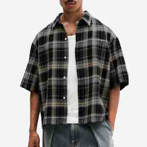Chemise en flanelle à carreaux pour homme, manches courtes, décontractée, respirante, en coton, style été, 220g, sur mesure, T-shirt pour homme - Product Image 3
