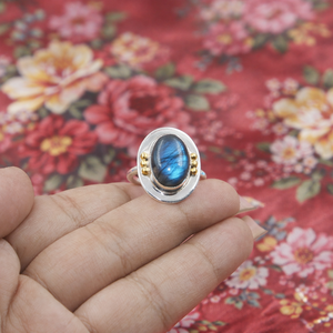 Bague en argent 925 avec pierre de labradorite bleue, boule en laiton, faite à la main, style bohème, plaquée or rose et or jaune, bijou pour elle - Product Image 6