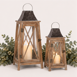 Classic Large Farmhouse Wooden <b>Lantern</b> <b>Set</b> of 2 Distressed Brown Candle <b>Lanterns</b> with Metal Top for Outdoor Garden and Indoor - Product Image 2