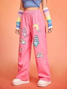 Pantalones Anchos Rosas con Estampado de Dibujos Animados, Cintura Alta Elástica, Estilo Y2K, Pantalones Holgados de Poliéster Transpirable para Mujer - Product Image 5