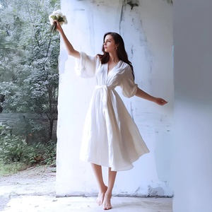 Organic Linen 100% Cotton Bell Sleeve Vintage Casual Dress Side Pockets Spring Summer Plus Size High Waist Breathable Flowy Midi - Product Image 1