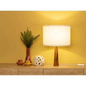 Minimalist Wooden Table <b>Lamp</b> With Geometric Base And Beige Fabric Shade For Bedside Lighting - Product Image 2
