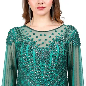 Robe de soirée de luxe vert émeraude perlée, élégante, à manches longues cloche, col illusion transparent, sequins verticaux, pour bal et soirée formelle - Product Image 5
