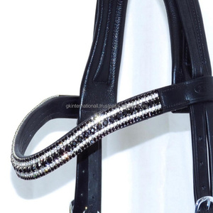 Selle anglaise noire cuir cheval front bande forme de vague tailles personnalisées cristaux multicolores strass bling front band pour chevaux - Product Image 4