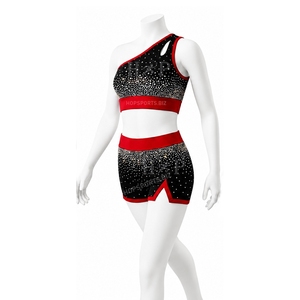 Ensemble d'uniforme de cheerleading à une épaule orné de strass, 2 pièces : crop top et jupe, tenue d'entraînement personnalisée avec strass - Product Image 3