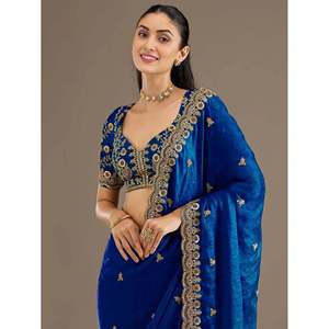 Dazzling Blue Embroidered Silk Festive Saree <b>Set</b> with Blouse - Product Image 4
