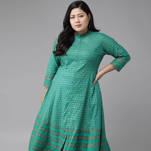 Kurta Anarkali en coton vert à motifs floraux, grande taille, col mandarin, manches trois quarts, confortable pour le quotidien, vente en gros - Product Image 1