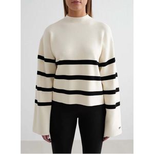 Men's New Autumn Winter 100% Pure <b>Wool</b> Sweater, Mock Neck Zipper Thick Striped Cashmere Knitted <b>Base</b> <b>Layer</b> - Product Image 4