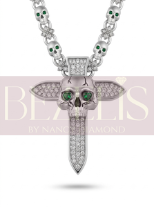 Pendentif en forme de croix et d'épée avec crâne, serti de diamants de laboratoire, personnalisé, vente en gros, avec chaîne à maillons crâne, bijoux hip-hop - Product Image 2
