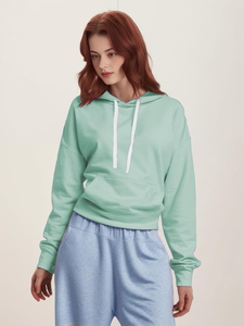 Sweat-shirt à capuche vert menthe pour femme, manches longues, tricoté, couleur unie, décontracté, respirant, vêtements d'hiver, poches, 100% coton - Product Image 6