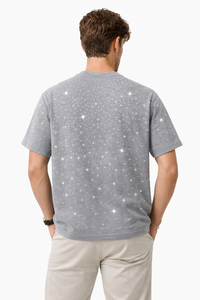 T-shirt décontracté pour homme gris à imprimé étoile en strass, manches courtes, col rond, 100 % coton, streetwear, motif uni, tendance pour l'été - Product Image 4