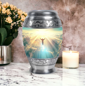 Aluminium <b>Keepsake</b> Memorial Urn Mini Cremation <b>Ash</b> Crematory Urn Enamel Finish Religious Pattern for Human Pet <b>Ashes</b> - Product Image 2
