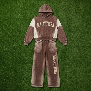Custom <b>Women</b> <b>Brown</b> Acid Wash Color Block Cropped Hoodie Wide Leg Sweatpants Cotton Fleece <b>Tracksuit</b> OEM Wholesale - Product Image 5
