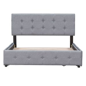 Letto matrimoniale imbottito grigio chiaro con testiera classica e 4 cassetti, non necessita di rete a doghe, in tessuto di lino - Product Image 3