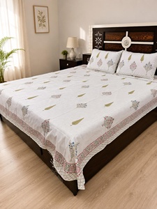 <b>King</b> <b>Size</b> Hand Block Print Cotton Bedsheet Set White Floral Bedding with 2 Pillow Covers Handmade Jaipur Linen - Product Image 5