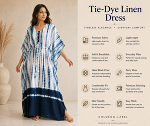 Women Blue Tie Dye Cotton <b>Kaftan</b> Maxi Dress Natural Waist <b>Beach</b> Cover Button Front Party Wear Eco-Friendly Bohemian Robe - Product Image 2