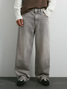 Jeans de Mezclilla para Hombre, 100% Algodón, Ecológicos, Transpirables, Cintura Media, Corte Regular, Pierna Ancha, Cinco Bolsillos, Presillas para Cinturón, Cierre de Cremallera, Color Gris - Product Image 2