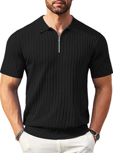 Summer Men's Vertical Stripes Henry <b>Collar</b> Half-Zip Polo <b>Shirt</b> - Breathable, Elastic, Comfortable, Casual Short-Sleeved <b>T</b>-<b>Shirt</b> - Product Image 1
