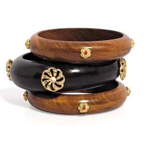 Handcrafted Vintage Sheesham <b>Wood</b> <b>Bangles</b> Gold Floral for Party Jewelry Sisso Saffron Teak Hexagonal Boho Women's - Product Image 3