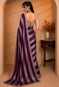 KV Women's Striped Bollywood Silk <b>Saree</b> with Wrinkle-Free Reversible Design and Unstitched Blouse (<b>Purple</b>) - Product Image 2