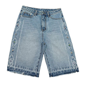 Shorts en jean personnalisés avec logo, style décontracté, délavage foncé, poches plaquées, coupe ample pour hommes - Product Image 1