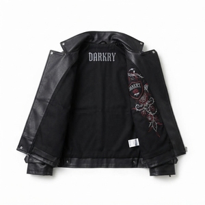 Chaqueta de cuero estilo punk para hombre con bordado floral y cadenas, corte regular, cuello vuelto, para otoño - Product Image 5