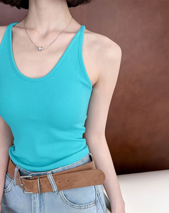 Women's Turquoise Ribbed Knitted Halter Neck Short Tank Top Casual Breathable Solid Color Polyester/Cotton Blend Customizable - Product Image 5