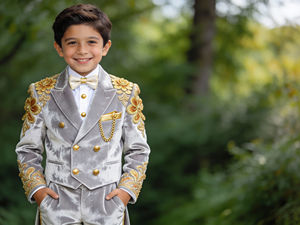 ชุดทักซิโด้เด็กชายสีเงินเทาผ้ากำมะหยี่ปักลาย |   ชุดสูทสำหรับเด็กสำหรับงานแต่งงานและงานเลี้ยง - Product Image 1