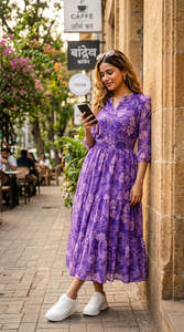 Purple Floral Print Chiffon Midi Dress V-Neck <b>Three</b> Quarter Sleeve A-Line Loose Casual Summer Wear Breathable Layered Hem - Product Image 5