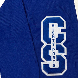 Custom Royal Blue Button Cardigan Sweater Chenille Patch Logo Embroidery <b>White</b> Contrast Pocket Trim 3 Stripe Sleeve Winter - Product Image 5