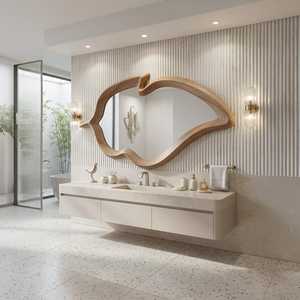 Handcrafted <b>Leaf</b> Shape Natural Wooden <b>Wall</b> Mirror Aesthetic Organic Frame Modern Irregular Carved Wood Mirror For Living Room - Product Image 5