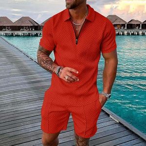 Men's Red Solid Quarter-Zip Embroidered Polo Shirt and Shorts <b>Set</b> Quick Dry <b>Knitted</b> Formal Summer Wear - Product Image 4