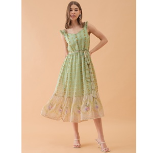 Best Lime Green Floral Print Fit & Flare <b>Dress</b> for Wedding Party Evening Formal Occasion Usage Available at Affordable Price - Product Image 1