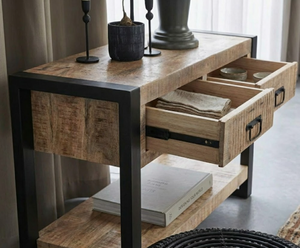 Table console en bois massif avec tiroir, design moderne éco-responsable fait main, bois de manguier avec support et poignées en métal - Product Image 4