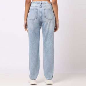 Jeans de Mezclilla Azul Claro de Cintura Alta para Mujer, Pantalones Casuales de Algodón Lavado a la Piedra con Cinco Bolsillos, Corte Regular y Cierre de Botones - Product Image 3