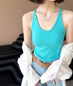 Women's Turquoise Ribbed Knitted Halter Neck Short Tank Top Casual Breathable Solid Color Polyester/Cotton Blend Customizable - Product Image 6
