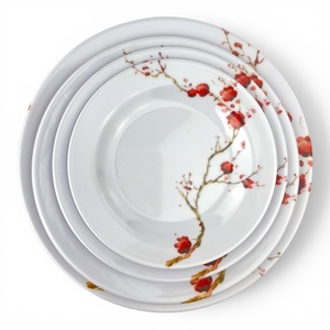 Floral <b>Melamine</b> Dinnerware <b>Set</b> Red Roses Round Bowl and Flat Plates Durable Party Use - Product Image 2