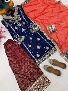 Conjunto de Kurti y Palazzo de Lujo en Azul Marino con Bordado en Georgette Sintético y Dupatta Roja de Tela de Red |   Traje Salwar de Diseño Indio para Fiestas - Product Image 6