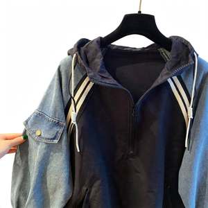 Custom Y2K <b>Men's</b> <b>Denim</b> Sleeve <b>Hooded</b> <b>Jacket</b> Contrast Color Zip Casual Outerwear Streetwear Windbreaker Winter Breathable OEM - Product Image 3