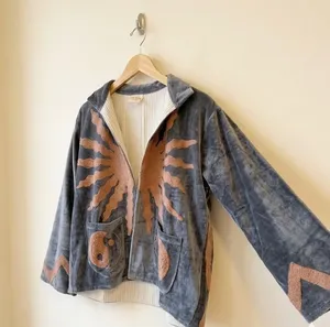 Ethnic Gray <b>Velvet</b> Embroidered Suzani Jacket Sun and Yin Yang Full Sleeve Stand Collar Handmade Bohemian Autumn <b>Women</b> <b>Coat</b> - Product Image 2