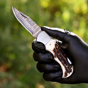 Cuchillo de caza de acero de Damasco con punta de gota y filo recto, mango de asta, espesor de 0.6mm, cuchillos plegables de bolsillo - Product Image 2