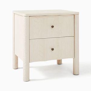 Teak Wood Nightstand Sculptural 3D Wave <b>Double</b> Drawer Bedside Table with Bronze Knobs - Product Image 3
